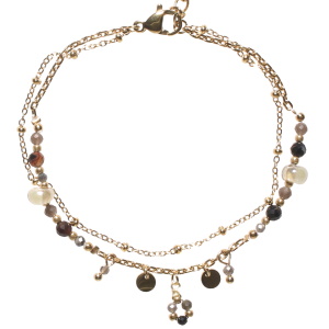 Bracelet double rangs composé d'une chaîne en acier doré, ainsi qu'une chaîne avec perles et pampilles rondes en acier doré et de perles de couleur noire. Fermoir mousqueton avec 3 cm de rallonge.