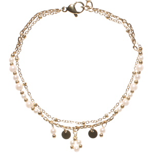Bracelet double rangs composé d'une chaîne en acier doré, ainsi qu'une chaîne avec perles et pampilles rondes en acier doré et de perles d'imitation. Fermoir mousqueton avec 3 cm de rallonge.