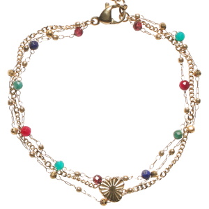 Bracelet triple rangs composé d'une chaîne avec un cœur en acier doré, d'une chaîne avec des perles en acier doré, ainsi qu'une chaîne en acier doré avec des perles multicolores. Fermoir mousqueton avec 3 cm de rallonge.