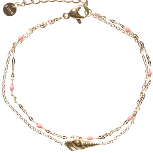 Bracelet double rangs composé d'une chaîne avec un coquillage en acier doré et d'une chaîne en acier doré avec des perles en émail de couleur. Fermoir mousqueton avec 3 cm de rallonge.