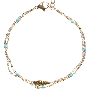 Bracelet double rangs composé d'une chaîne avec un coquillage en acier doré et d'une chaîne en acier doré avec des perles en émail de couleur. Fermoir mousqueton avec 3 cm de rallonge.