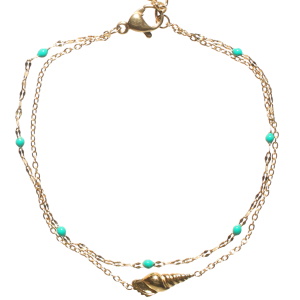 Bracelet double rangs composé d'une chaîne avec un coquillage en acier doré et d'une chaîne en acier doré avec des perles en émail de couleur. Fermoir mousqueton avec 3 cm de rallonge.