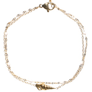 Bracelet double rangs composé d'une chaîne avec un coquillage en acier doré et d'une chaîne en acier doré avec des perles en émail de couleur. Fermoir mousqueton avec 3 cm de rallonge.