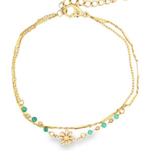 Sublime bracelet double rangs chaîne en acier doré, rehaussé de délicates perles turquoises et d'un motif floral ajouré. Ce bijou raffiné, ajustable grâce à sa chaînette, apportera une touche d'éclat discret à votre poignet. Un accessoire précieux pour sublimer votre style. Fermoir mousqueton avec 3 cm de rallonge.