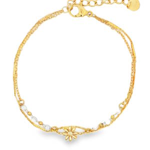 Sublime bracelet double rangs chaîne en acier doré, rehaussé de délicates perles blanches et d'un motif floral ajouré. Ce bijou raffiné, ajustable grâce à sa chaînette, apportera une touche d'éclat discret à votre poignet. Un accessoire précieux pour sublimer votre style. Fermoir mousqueton avec 3 cm de rallonge.