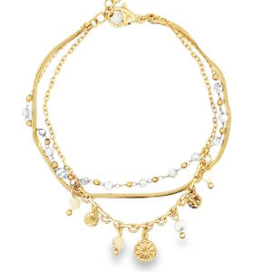 Ce bracelet chaîne en acier doré est un ajout élégant à toute collection de bijoux. Le design comprend plusieurs chaînes délicates et des cristaux ronds taillés en cabochon qui ajoutent une touche de brillance subtile. Le bracelet présente des motifs discrets, parfaits pour un usage quotidien ou pour compléter une tenue de soirée. Fermoir mousqueton avec 3 cm de rallonge.