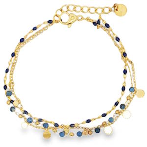 Ce bracelet chaîne en acier doré offre un design délicat et raffiné. Composé de plusieurs chaînes fines, il est orné de perles et de petites pastilles décoratives. Un bijou lumineux et élégant, parfait pour ajouter une touche de sophistication à votre style. Fermoir mousqueton avec 3 cm de rallonge.