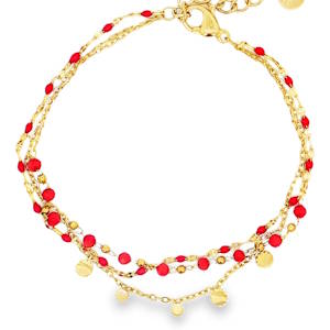 Sublime bracelet chaîne en acier doré, orné de délicates perles de cristal rouge vif taillées en cabochon. L'éclat chaleureux du doré se marie à la perfection avec l'intensité des cristaux, créant un bijou raffiné et plein de charme. Un accessoire idéal pour illuminer votre poignet avec élégance. Fermoir mousqueton avec 3 cm de rallonge.