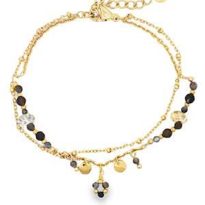 Sublime bracelet chaîne en acier doré, agrémenté de délicates perles de cristal aux nuances subtiles. Chaque perle, taillée en cabochon, reflète la lumière avec une élégance discrète. Ce bijou raffiné est parfait pour ajouter une touche de sophistication à votre collection. Un accessoire indispensable pour sublimer votre style au quotidien. Fermoir mousqueton avec 3 cm de rallonge.