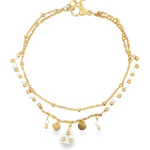 Ce bracelet chaîne en acier doré est orné de perles délicates, apportant une touche de sophistication discrète. Les perles rondes, montées avec soin, captent subtilement la lumière, sublimant l'éclat chaleureux du doré. Un bijou raffiné, parfait pour rehausser votre style avec élégance. Fermoir mousqueton avec 3 cm de rallonge.