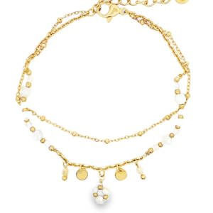 Ce bracelet chaîne en acier doré est rehaussé de délicates perles rondes à la coupe cabochon, apportant une touche de raffinement discret. Les détails soignés et le fermoir sécurisé en font un bijou élégant, idéal pour compléter votre collection. Confectionné avec des matériaux de qualité, il incarne un style intemporel et féminin. Fermoir mousqueton avec 3 cm de rallonge.