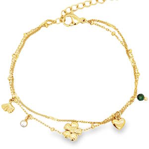 Ce bracelet chaîne en acier doré offre une élégance subtile. Son design délicat est rehaussé par une maille fine et des breloques originales, ajoutant une touche de fantaisie à ce bijou raffiné. Un accessoire parfait pour compléter votre collection de bijoux. Fermoir mousqueton avec 3 cm de rallonge.