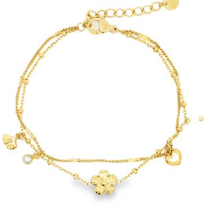 Sublime bracelet chaîne en acier doré, orné de délicates breloques. Un bijou féminin et raffiné, parfait pour ajouter une touche d'éclat à votre quotidien. Le design à double chaîne offre une élégance subtile et moderne. Un accessoire tendance à porter seul ou à associer à d'autres bracelets pour un style personnalisé. Fermoir mousqueton avec 3 cm de rallonge.