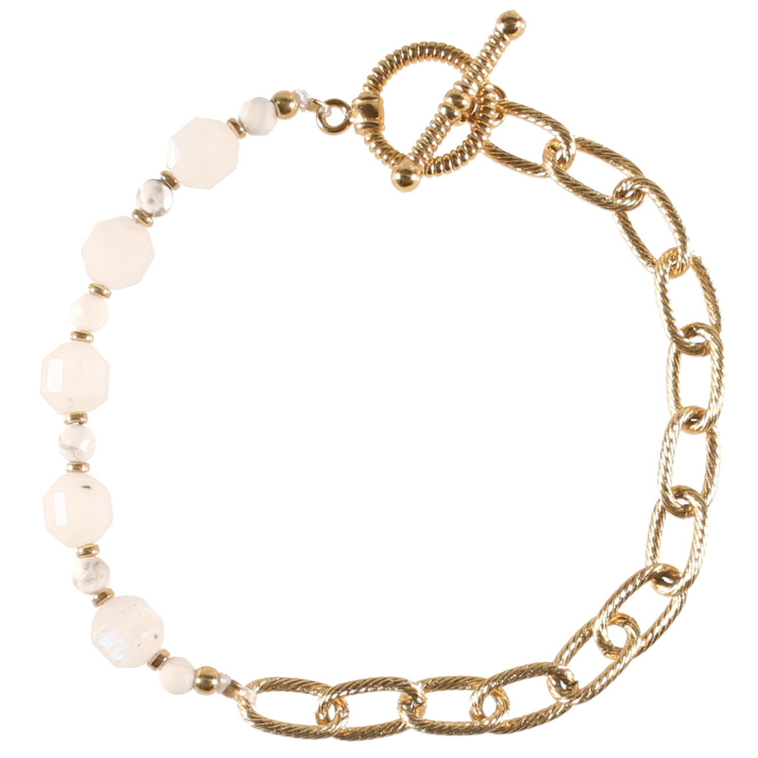 Bracelet composé d'une chaîne avec fermoir cabillaud en acier doré et de perles de couleur blanche. Perle  Adolescent Adulte Femme Fille Indémodable 