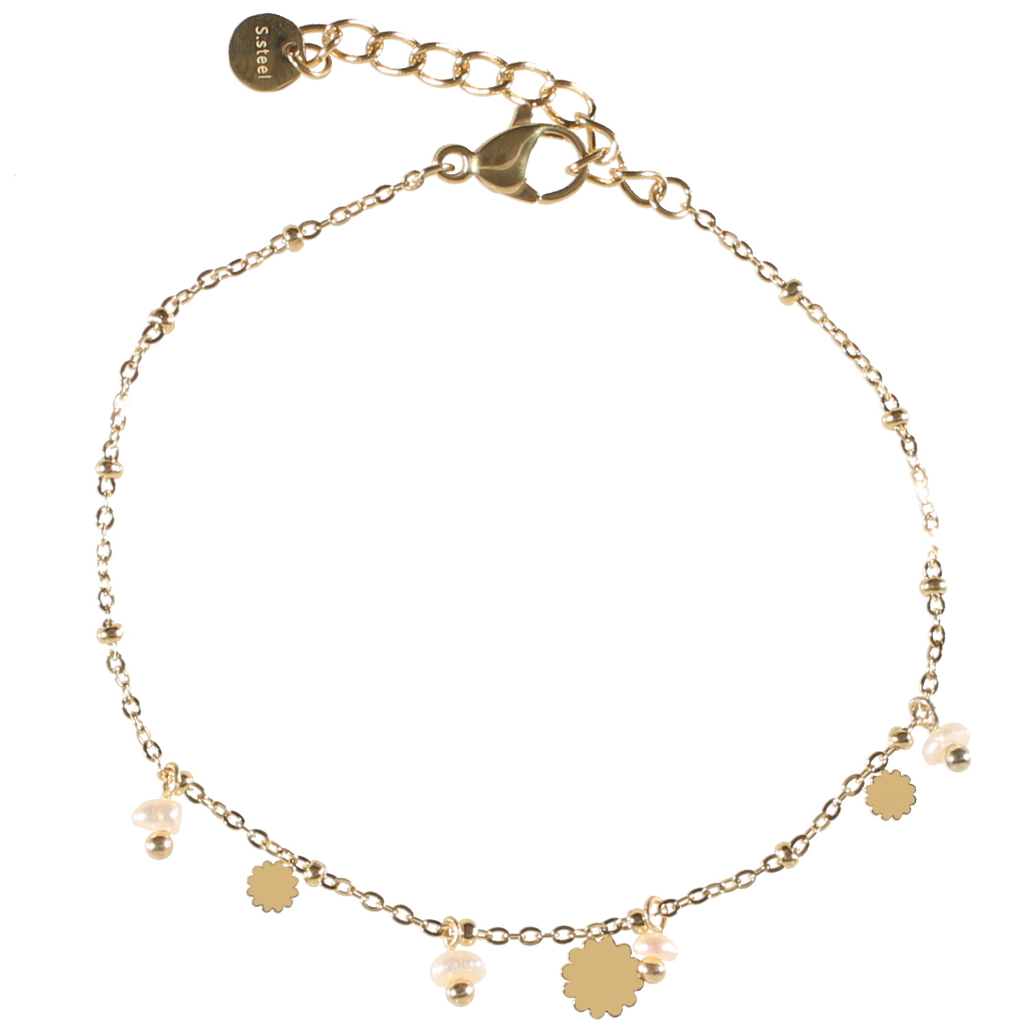 Bracelet composé d'une chaîne avec pampilles en forme de fleurs en acier doré et des pampilles perles de nacre.<br/>Fermoir mousqueton avec 3 cm de rallonge. Perle  Adolescent Adulte Femme Fille Fleurs Indémodable 