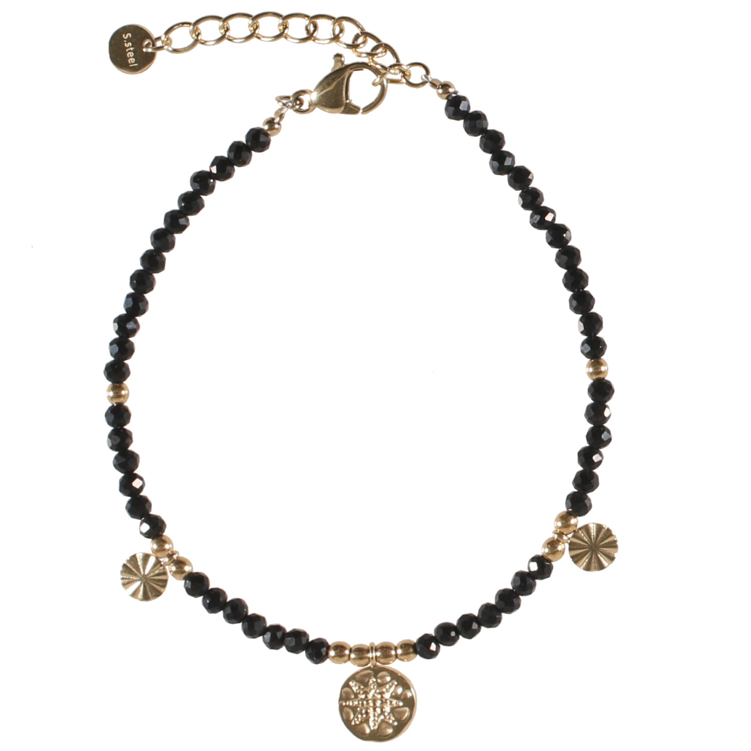 Bracelet composé de perles en véritable pierre d'agate noire, de perles et pastilles rondes en acier doré.<br/>Fermoir mousqueton avec 3 cm de rallonge. Perle Rond  Adolescent Adulte Femme Fille Indémodable 