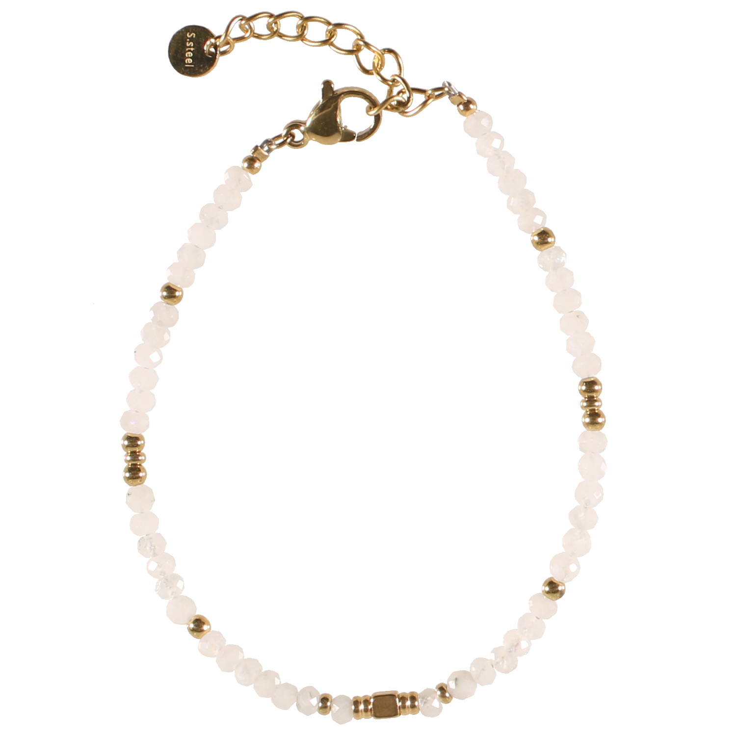 Bracelet composé de perles en véritable pierre de lune et de perles en acier doré.<br/>Fermoir mousqueton avec 3 cm de rallonge. Perle  Adolescent Adulte Femme Fille Indémodable 