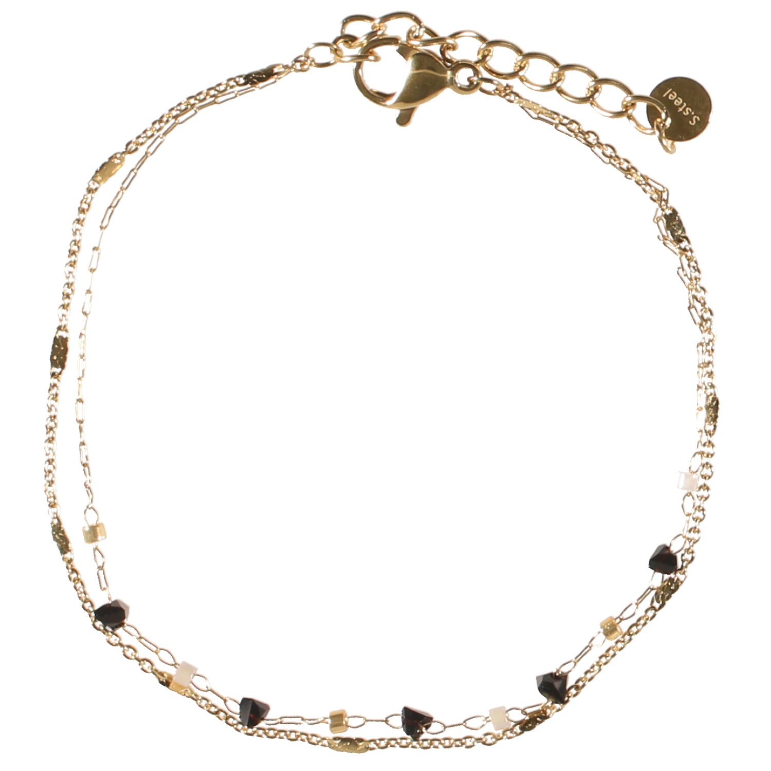 Bracelet double rangs composé d'une chaîne en acier doré et d'une chaîne en acier doré avec perles de couleur grise et noire.<br/>Fermoir mousqueton avec 3 cm de rallonge. Multirangs Perle  Adolescent Adulte Femme Fille Indémodable 