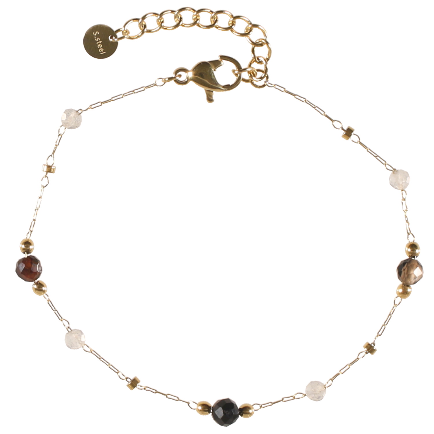 Bracelet composé d'une chaîne avec perles en acier doré et de perles de couleur grise et noire.<br/>Fermoir mousqueton avec 3 cm de rallonge. Perle Rond  Adolescent Adulte Femme Fille Indémodable 
