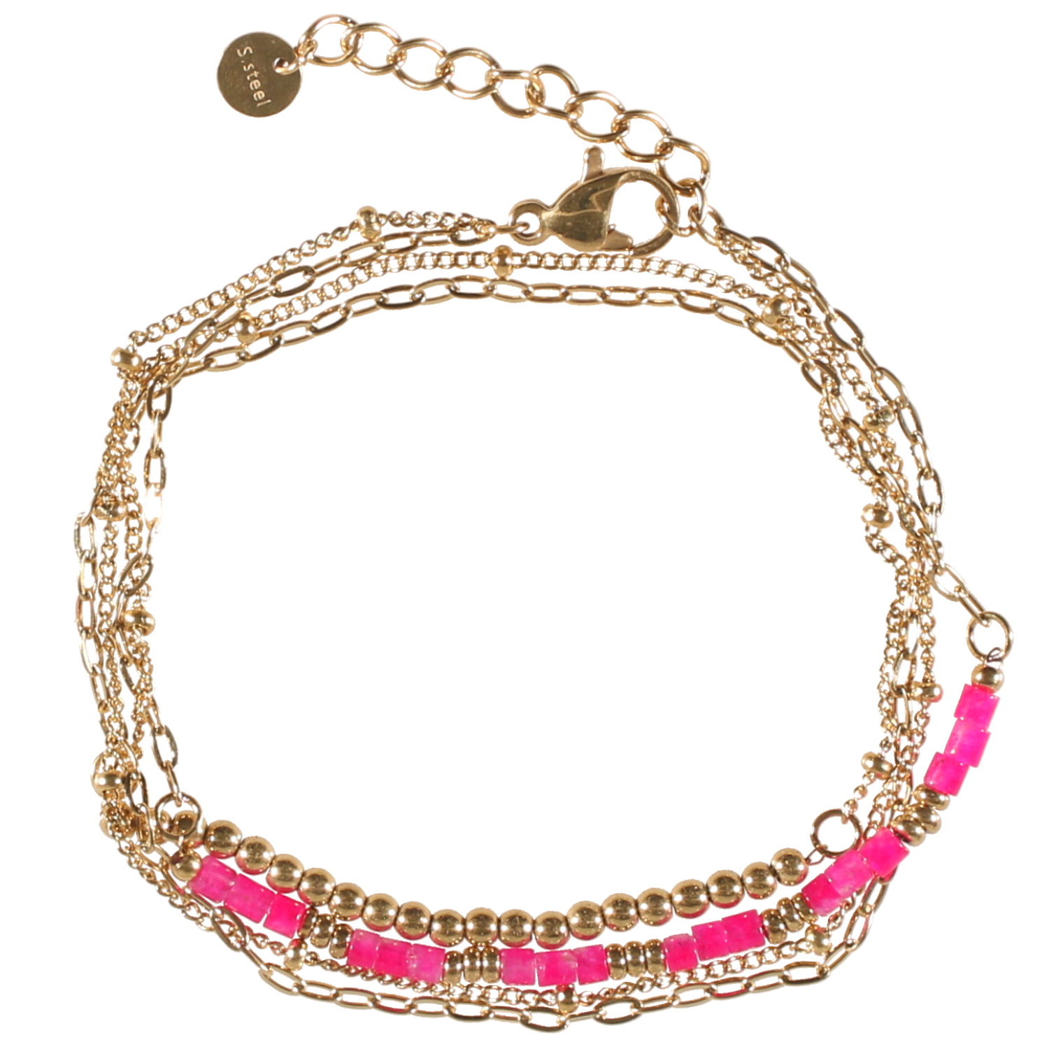 Bracelet double tours et double rangs composé d'une chaîne avec boules en acier doré, ainsi qu'une chaîne en acier doré et de perles cylindriques de couleur rose.<br/>Fermoir mousqueton avec 3 cm de rallonge. Multi tours Multirangs Perle  Adolescent Adulte Femme Fille Indémodable 