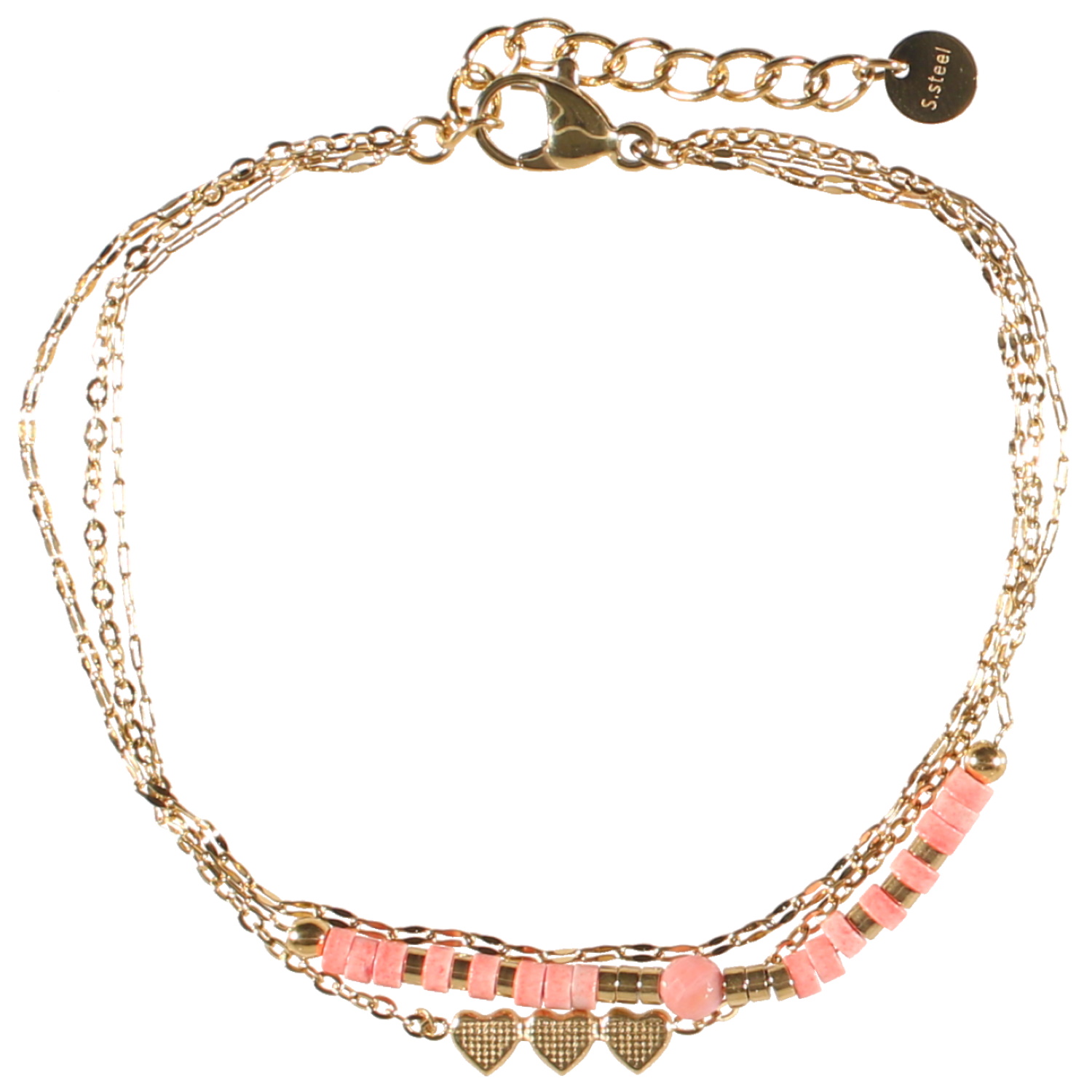 Bracelet triple rangs composé d'une chaîne en acier doré, d'une chaîne en acier doré avec perles de couleur rose et d'une chaîne avec trois cœurs en acier doré.<br/>Fermoir mousqueton avec 3 cm de rallonge. Coeur Multirangs Perle  Adolescent Adulte Amour Femme Fille Indémodable 