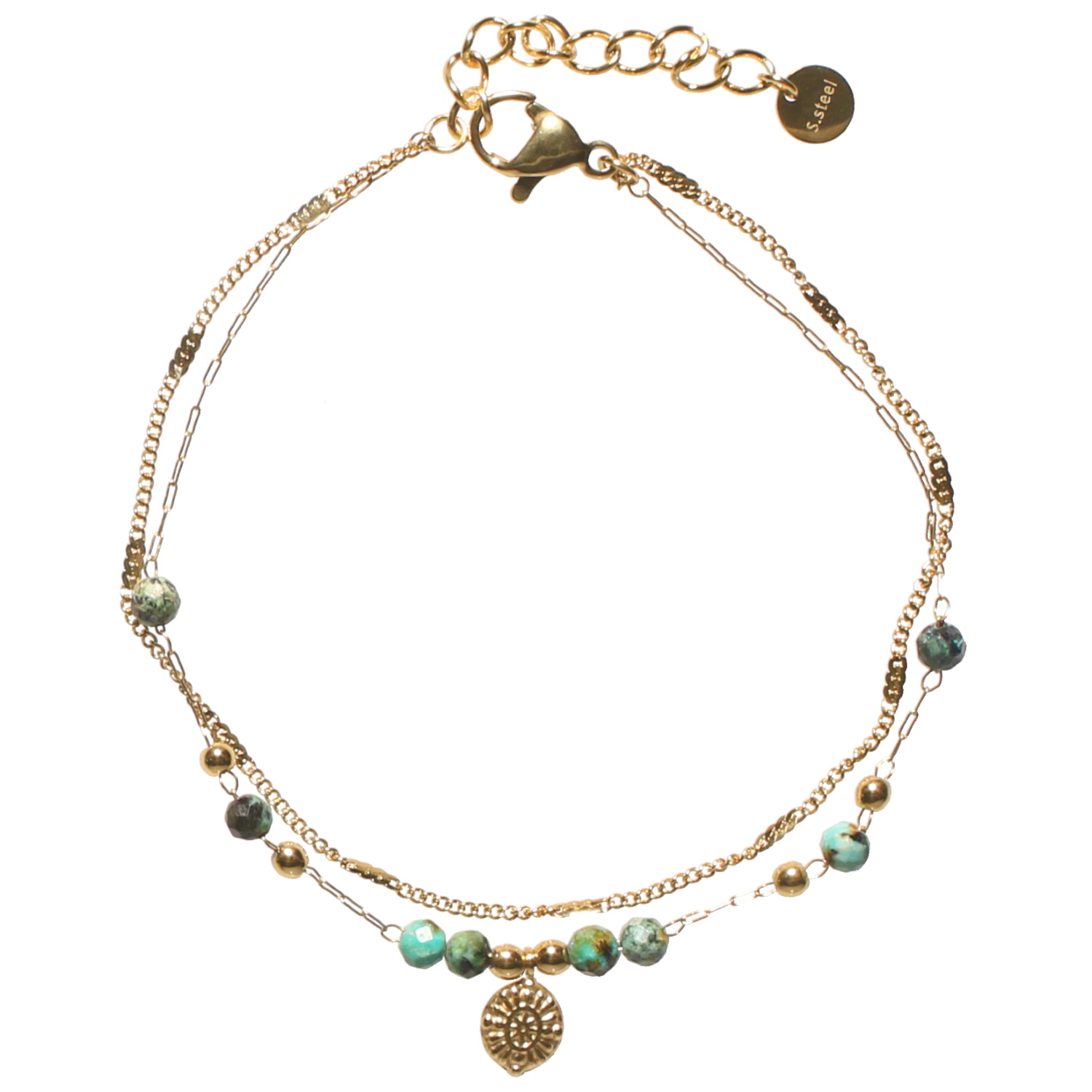 Bracelet double rangs composé d'une chaîne en acier doré et d'une chaîne avec boules et un pendant avec motifs en acier doré et perles de couleur verte.<br/>Fermoir mousqueton avec 3 cm de rallonge. Multirangs Perle  Adolescent Adulte Automne Femme Fille Hiver 
