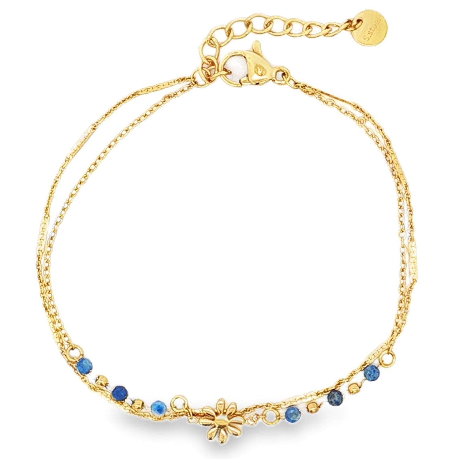 Sublime bracelet double rangs chaîne en acier doré, rehaussé de délicates perles bleues et d'un motif floral ajouré.<br/>Ce bijou raffiné, ajustable grâce à sa chaînette, apportera une touche d'éclat discret à votre poignet.<br/>Un accessoire précieux pour sublimer votre style.<br/>Fermoir mousqueton avec 3 cm de rallonge. Multirangs Perle Adolescent Adulte Femme Fille Fleurs Indémodable Nature Sublime bracelet double rangs chaîne en acier doré, rehaussé de délicates perles bleues et d'un motif floral ajouré.<br/>Ce bijou raffiné, ajustable grâce à sa chaînette, apportera une touche d'éclat discret à votre poignet.<br/>Un accessoire précieux pour sublimer votre style.<br/>Fermoir mousqueton avec 3 cm de rallonge. Multirangs Perle Adolescent Adulte Femme Fille Fleurs Indémodable Nature