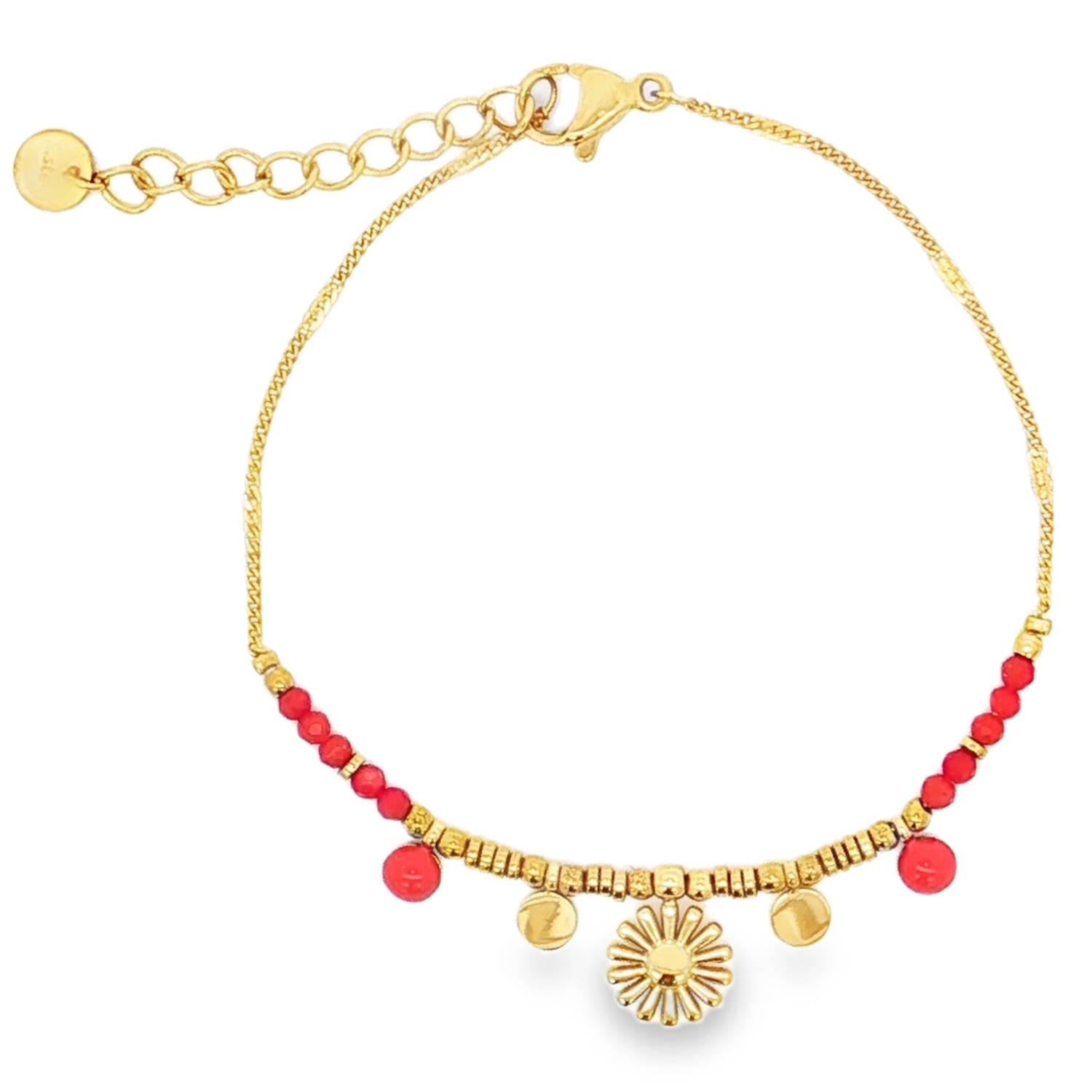 Ce bracelet chaîne en acier doré est orné de perles rondes de corail rouge vif taillées en cabochon, créant un contraste saisissant et chaleureux.<br/>Le design délicat est parfait pour ajouter une touche d'éclat méditerranéen à votre style quotidien.<br/>Un bijou raffiné qui évoque la beauté naturelle et la joie de vivre.<br/>Fermoir mousqueton avec 3 cm de rallonge. Perle Rond Adolescent Adulte Femme Fille Fleurs Indémodable Nature Ce bracelet chaîne en acier doré est orné de perles rondes de corail rouge vif taillées en cabochon, créant un contraste saisissant et chaleureux.<br/>Le design délicat est parfait pour ajouter une touche d'éclat méditerranéen à votre style quotidien.<br/>Un bijou raffiné qui évoque la beauté naturelle et la joie de vivre.<br/>Fermoir mousqueton avec 3 cm de rallonge. Perle Rond Adolescent Adulte Femme Fille Fleurs Indémodable Nature