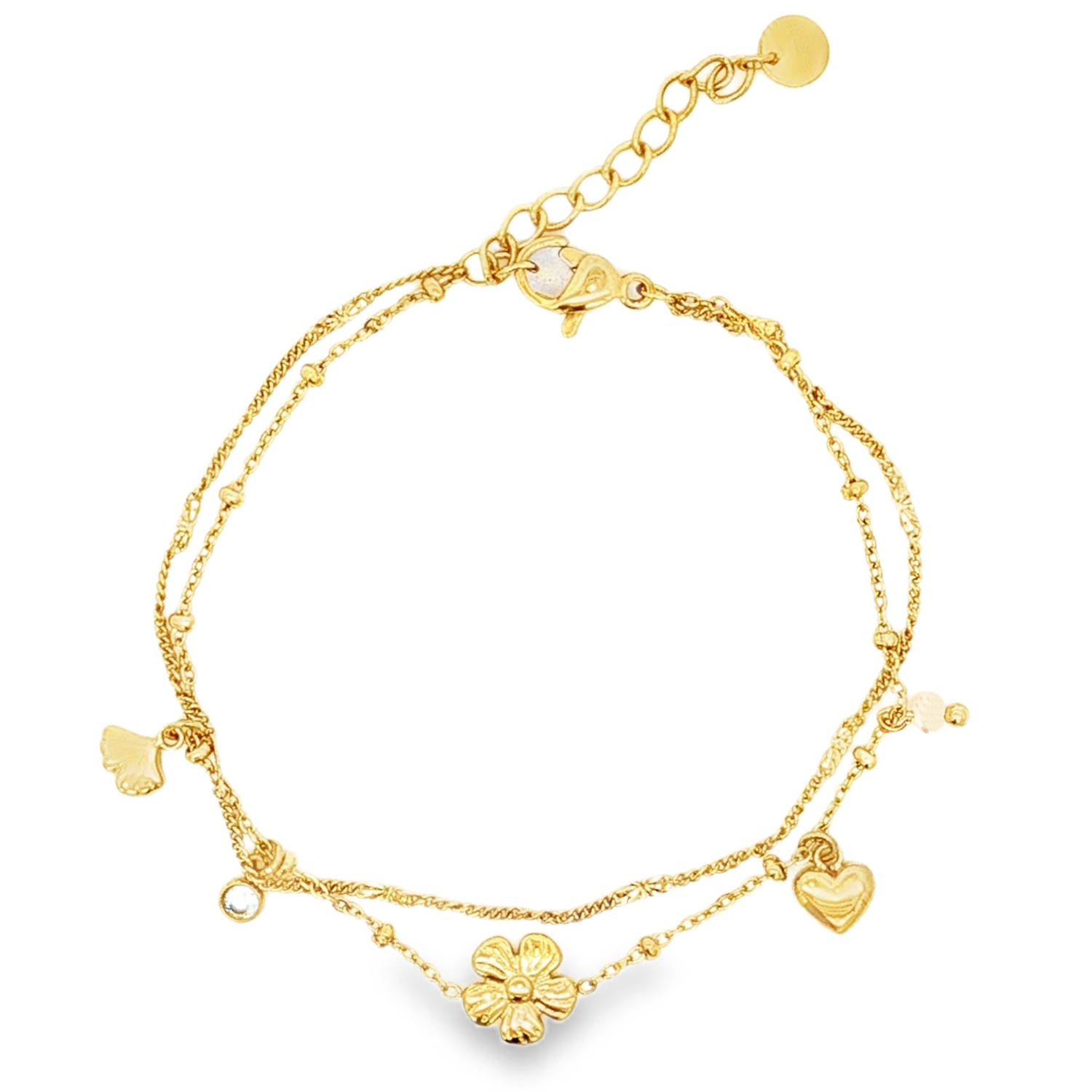 Ce bracelet chaîne délicat, conçu en acier doré, présente une élégance subtile.<br/>Sa structure fine est rehaussée de breloques délicates, créant un jeu de lumière captivant.<br/>Un accessoire parfait pour ajouter une touche de sophistication discrète à votre quotidien.<br/>Fermoir mousqueton avec 3 cm de rallonge. Coeur Multirangs Perle Rond Adolescent Adulte Amour Femme Fille Fleurs Indémodable Nature Ce bracelet chaîne délicat, conçu en acier doré, présente une élégance subtile.<br/>Sa structure fine est rehaussée de breloques délicates, créant un jeu de lumière captivant.<br/>Un accessoire parfait pour ajouter une touche de sophistication discrète à votre quotidien.<br/>Fermoir mousqueton avec 3 cm de rallonge. Coeur Multirangs Perle Rond Adolescent Adulte Amour Femme Fille Fleurs Indémodable Nature