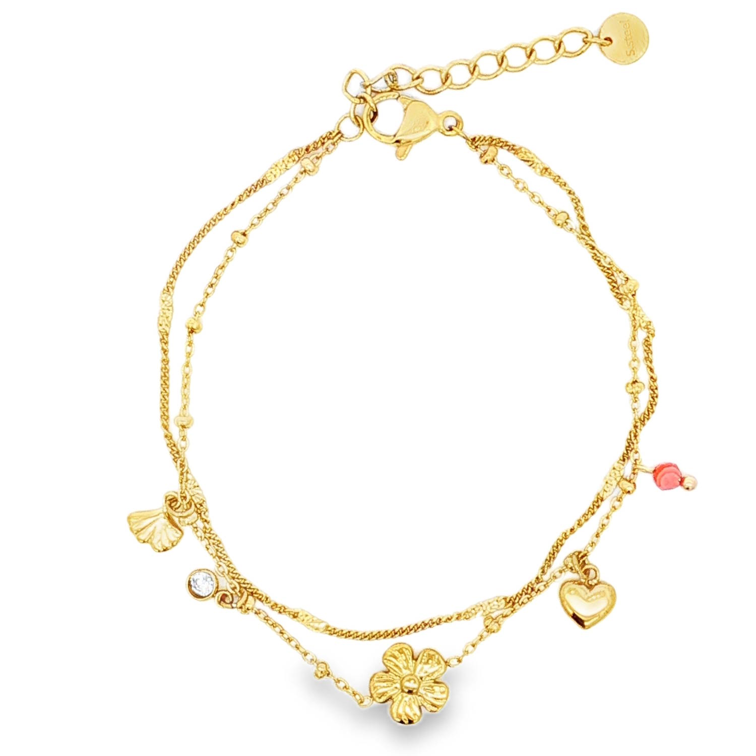 Rehaussez votre style avec ce bracelet à breloques en acier doré.<br/>Confectionné en acier doré éclatant, ce bracelet présente un délicat motif à double chaîne orné de breloques ludiques.<br/>Avec ses détails complexes et sa finition brillante, il ajoute une touche de fantaisie à n'importe quelle tenue.<br/>Fermoir mousqueton avec 3 cm de rallonge. Coeur Multirangs Perle Rond Adolescent Adulte Amour Femme Fille Fleurs Indémodable Nature Rehaussez votre style avec ce bracelet à breloques en acier doré.<br/>Confectionné en acier doré éclatant, ce bracelet présente un délicat motif à double chaîne orné de breloques ludiques.<br/>Avec ses détails complexes et sa finition brillante, il ajoute une touche de fantaisie à n'importe quelle tenue.<br/>Fermoir mousqueton avec 3 cm de rallonge. Coeur Multirangs Perle Rond Adolescent Adulte Amour Femme Fille Fleurs Indémodable Nature