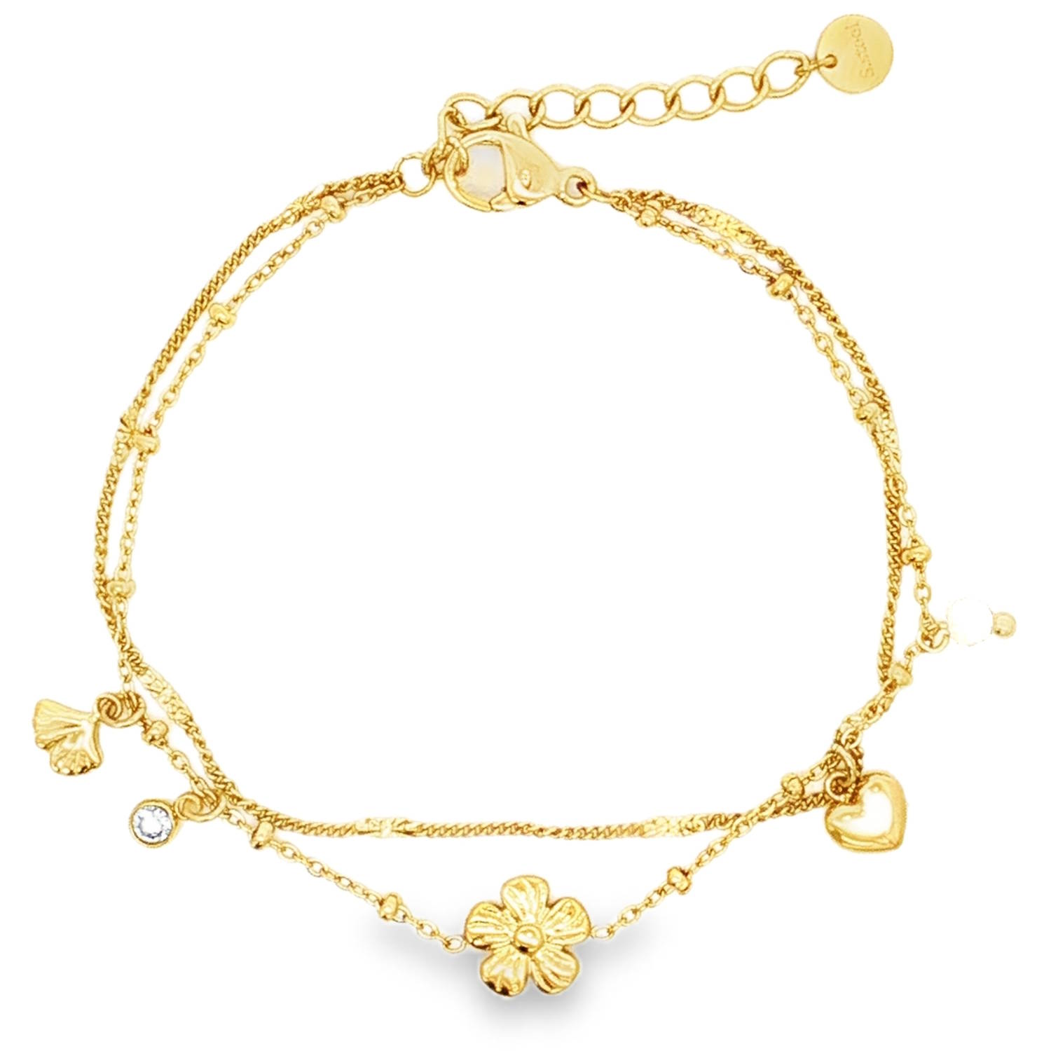 Sublime bracelet chaîne en acier doré, orné de délicates breloques.<br/>Un bijou féminin et raffiné, parfait pour ajouter une touche d'éclat à votre quotidien.<br/>Le design à double chaîne offre une élégance subtile et moderne.<br/>Un accessoire tendance à porter seul ou à associer à d'autres bracelets pour un style personnalisé.<br/>Fermoir mousqueton avec 3 cm de rallonge. Coeur Multirangs Perle Rond Adolescent Adulte Amour Femme Fille Fleurs Indémodable Nature Sublime bracelet chaîne en acier doré, orné de délicates breloques.<br/>Un bijou féminin et raffiné, parfait pour ajouter une touche d'éclat à votre quotidien.<br/>Le design à double chaîne offre une élégance subtile et moderne.<br/>Un accessoire tendance à porter seul ou à associer à d'autres bracelets pour un style personnalisé.<br/>Fermoir mousqueton avec 3 cm de rallonge. Coeur Multirangs Perle Rond Adolescent Adulte Amour Femme Fille Fleurs Indémodable Nature