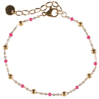 Bracelet composé d'une chaîne avec perles en acier doré et de perles d'émail de couler rose. Fermoir mousqueton avec 3 cm de rallonge.