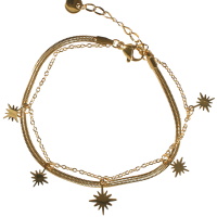 Bracelet double rangs composé d'une chaîne maille serpent en acier doré et d'une chaîne avec pampilles étoiles en acier doré. Fermoir mousqueton avec 3 cm de rallonge.