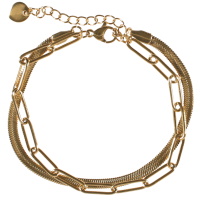 Bracelet double rangs composé d'une chaîne maille serpent en acier doré et d'une chaîne en acier doré. Fermoir mousqueton avec 4 cm de rallonge.