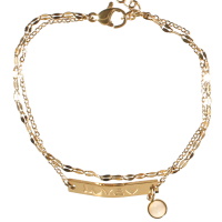 Bracelet double rangs composé d'une chaîne en acier doré et d'une chaîne gourmette avec le message Love et un cœur en acier doré et un pendant cabochon de couleur blanc. Fermoir mousqueton avec 4 cm de rallonge.