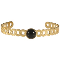 Bracelet jonc ouvert en forme de chaîne en acier doré surmonté d'un cabochon de couleur noir.