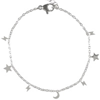 Bracelet composé d'une chaîne et de pampilles en forme d'éclair, étoile et croissant de lune en acier argenté. Fermoir mousqueton avec 3 cm de rallonge.