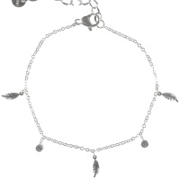 Bracelet composé d'une chaîne avec pampilles plumes en acier argenté et de pampilles serties de cristaux. Fermoir mousqueton avec 4 cm de rallonge.