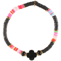 Bracelet fantaisie élastique composé de perles cylindriques heishi en acier doré, résine synthétique et caoutchouc de couleur acidulée et d'une pierre de couleur noire en forme de croix ou de trèfle à quatre feuilles.