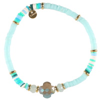 Bracelet fantaisie élastique composé de perles cylindriques heishi en acier doré, résine synthétique et caoutchouc de couleur acidulée et d'une pierre de couleur turquoise en forme de croix ou de trèfle à quatre feuilles.