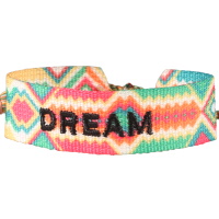Bracelet fantaisie avec le mot Dream en textile multicolore. Fermoir cordon nœud coulissant avec pompons.