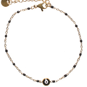Bracelet composé d'une chaîne en acier doré, de perles en émail de couleur noir et d'un œil de Turquie. Fermoir mousqueton avec 3 cm de rallonge.