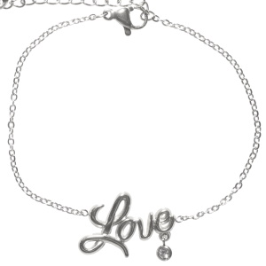 Bracelet composé d'une chaîne et du mot Love en acier argenté avec une pampille ronde sertie clos d'un oxyde de zirconium blanc. Fermoir mousqueton avec 3 cm de rallonge.