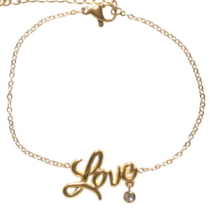 Bracelet composé d'une chaîne et du mot Love en acier doré avec une pampille ronde sertie clos d'un oxyde de zirconium blanc. Fermoir mousqueton avec 3 cm de rallonge.