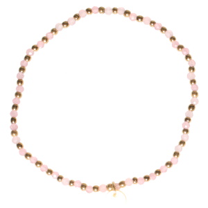 Bracelet élastique composé de perles en acier doré et perles de couleur rose.