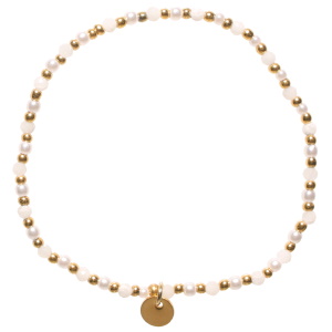 Bracelet élastique composé de perles en acier doré, perles de couleur blanche et de perles d'imitation.