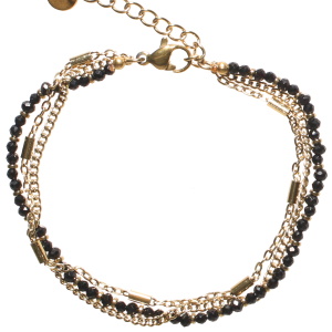 Bracelet triple rangs composé de deux chaînes en acier doré et d'une chaîne de perles de couleur noire. Fermoir mousqueton avec 5 cm de rallonge.
