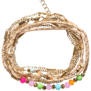 Bracelet double tours et triple rangs composé de deux chaînes en acier doré et d'un cordon marron avec fils argentés et perles multicolores. Fermoir mousqueton avec 5 cm de rallonge.