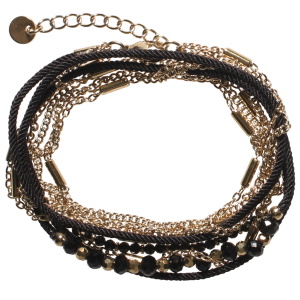 Bracelet double tours et triple rangs composé de deux chaînes en acier doré et d'un cordon noir et perles de couleur noire. Fermoir mousqueton avec 5 cm de rallonge.
