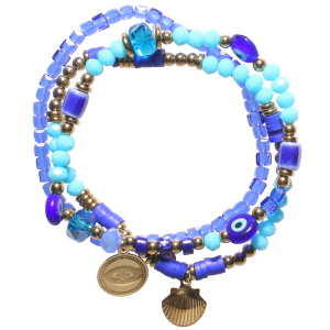 Lot de 3 bracelets élastiques composés de perles en acier doré, de perles de couleur bleue, de perles cylindriques en caoutchouc de couleur bleue, de perles œil de Turquie, d'une breloque coquillage et d'une pastille ronde œil de Turquie.